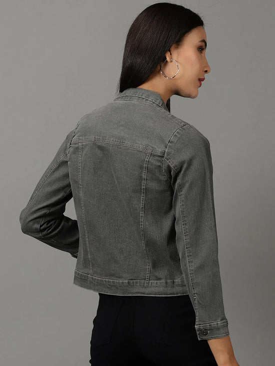 Women's Grey Solid Denim Jacket-AE-9512-2-Grey