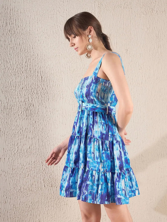 Women Blue Brushstroke Printed Belted Short Dress