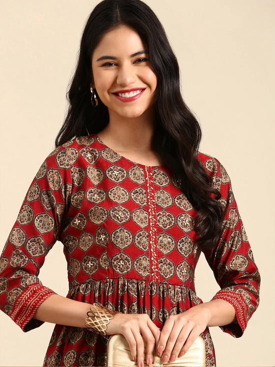 Women's Red Printed Kurta Set-SKC-813-Maroon