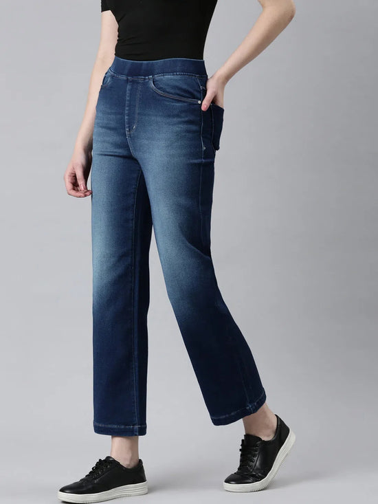 Women Blue Solid Straight Fit Denim Jeans-IM-10359-1-Blue