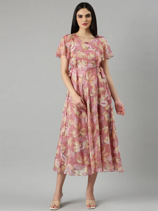 Women Peach Floral Fit and Flare Dress-DW-4705-Peach