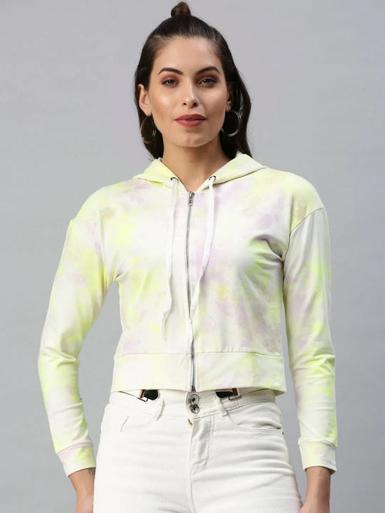 Women's White Solid Crop Front-Open Sweatshirt-AF-1790-Whitefluorescentgreen