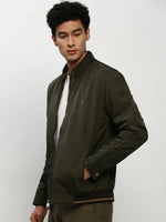 Men Green Solid Casual Bomber Jackets-ZD-3202-Olive