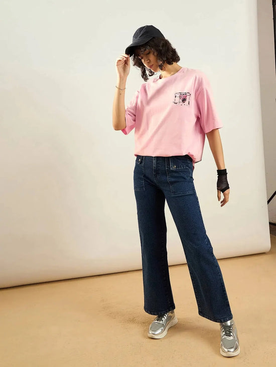 Women Pink Camera Printed Oversize T-shirt