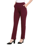 Smarty Pants Women's Cotton Lycra Straight Leg Wine Color Formal Trouser