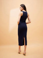 Women Navy Blue Front Cut Out Rib Midi Dress