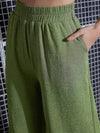 Women Green Knit Notch Collar Shirt With Darted Pants