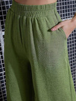 Women Green Knit Notch Collar Shirt With Darted Pants