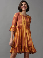 Women's Brown Tie Dye Empire Dress-ON-584-Brown