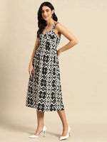 Corset Top Midi Dress in Black and Cream Ikkat Print