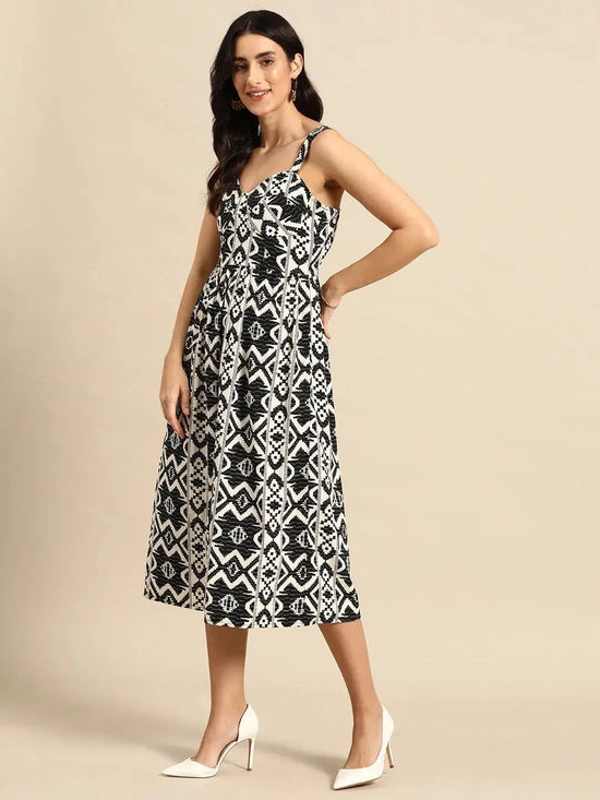 Corset Top Midi Dress in Black and Cream Ikkat Print