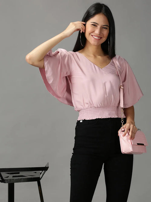 Women's Pink Solid Cinched Waist Crop Top-AE-10558-Pink