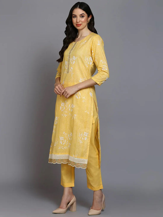 Ahika Women Yellow Cotton Blend Printed Straight Kurta Pant Set