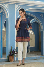 Indigo Geometric Printed Georgette Peplum Tunic With Tassels