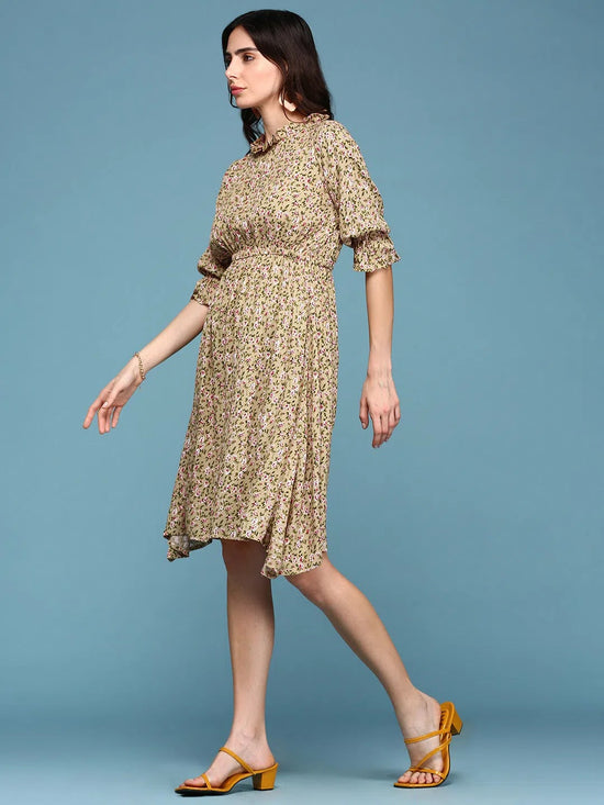 Women's Beige Floral A-Line Dress-AE-9923-Beigegreen