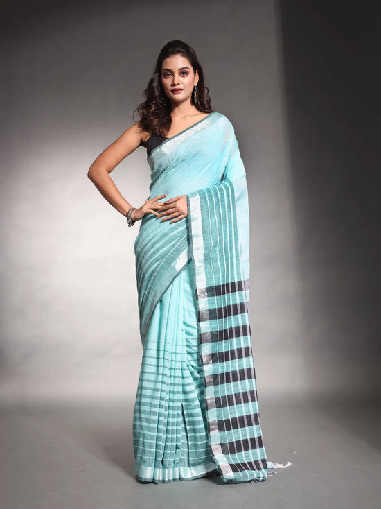 Sea Green Pure Cotton Soft Saree With Stripes Pattern-MA54CT33580101