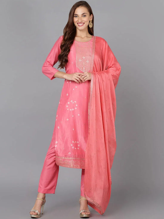 Pink Silk Blend Bandhani Printed Straight Suit