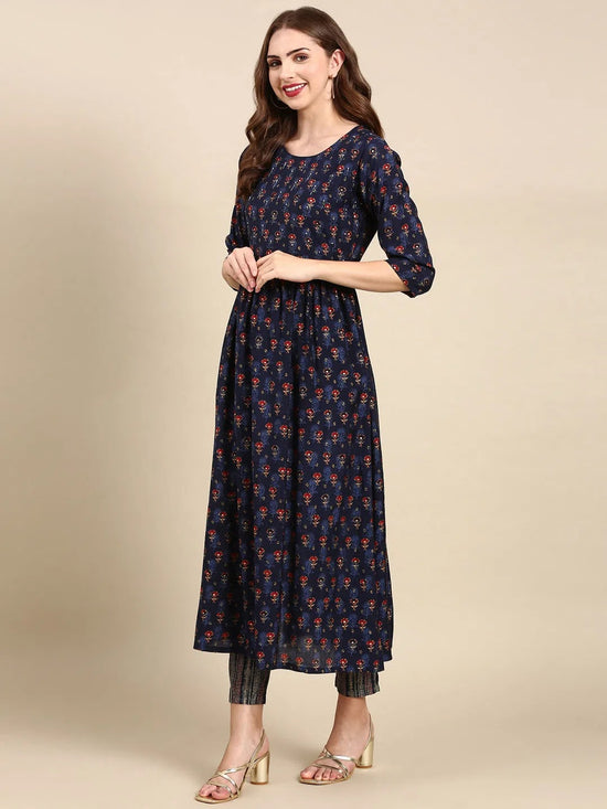 Women's Navy Blue Printed Kurta Set-SKC-1021-Navyblue