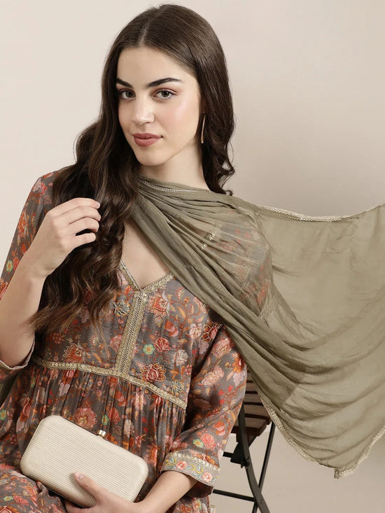 Women Taupe Floral Kurta Set-UB-2773-Taupe