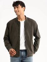 Men Olive Mandarin Collar Solid Bomber-STCW-J-6-Olive