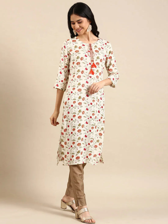 Women's Cream Printed Straight Kurta-BGE-013-2-Cream