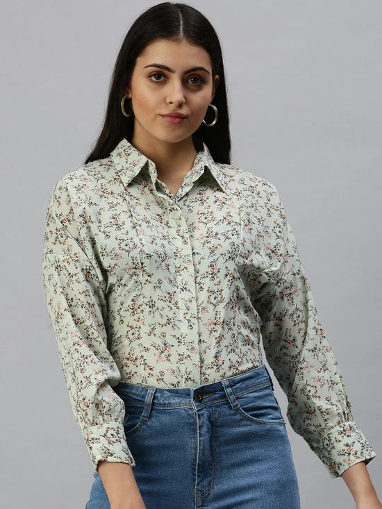 Women's Green Printed Shirt-AE-10197-Green