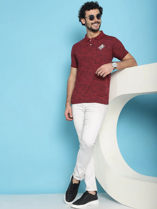 Venitian Men All Over Printed Maroon Cotton Polo Neck T-Shirt