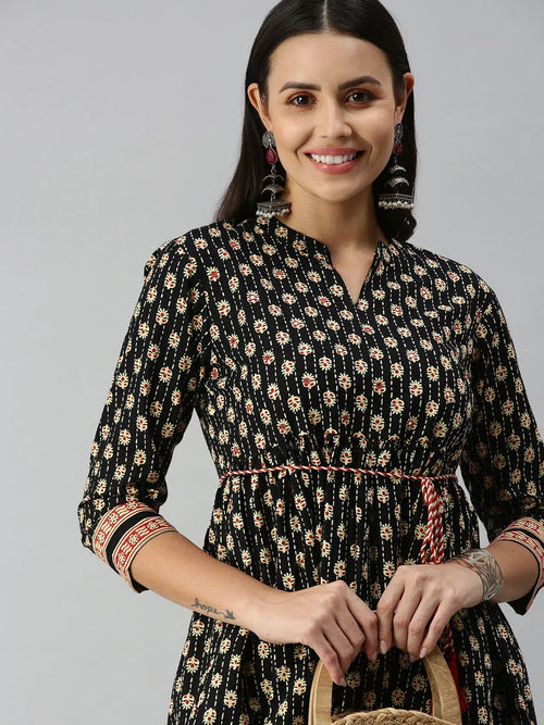 Women's Black Floral A-Line Kurti-RF-1463-Black