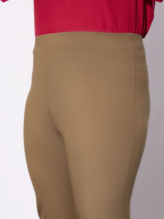 Women Beige Metal Zipper Hem Detail Pants