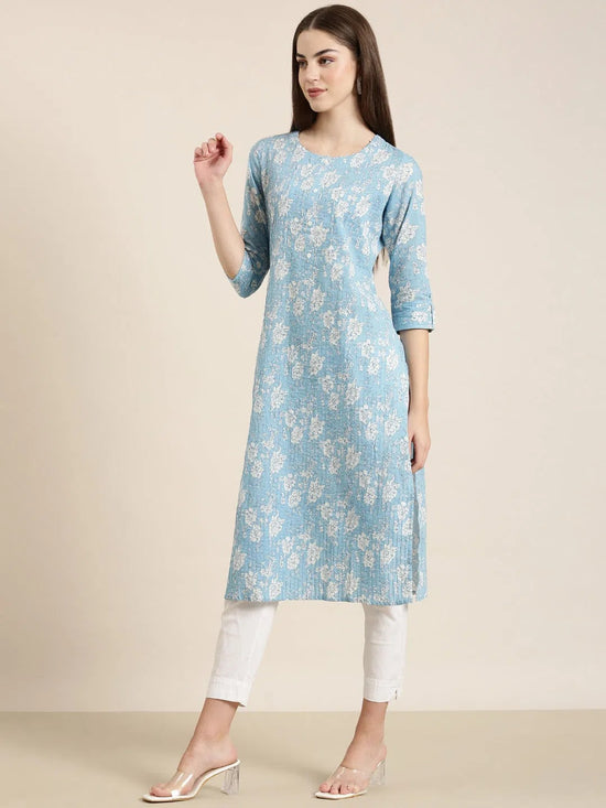 Women Blue Floral Straight Kurta-ON-0046-Blue