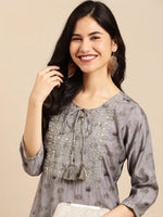 Women's Grey Printed Straight Kurta-AT-A382-K-Grey