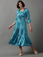 Women's Blue Printed Fit and Flare Dress-AE-15619-Turquoiseblue