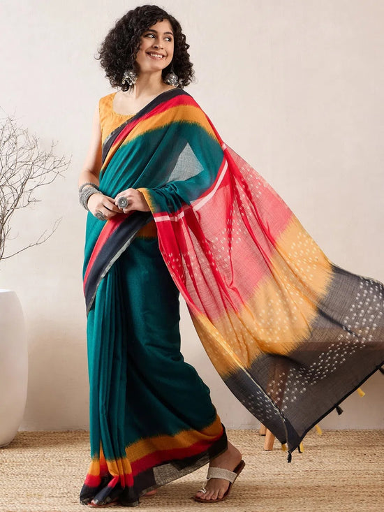 Ahika Women Blue Linen Geometric Printed Saree-VFSAR1028