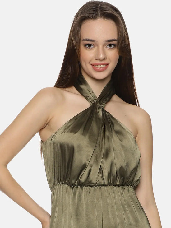 Solid Olive Halter Maxi Dress-17299