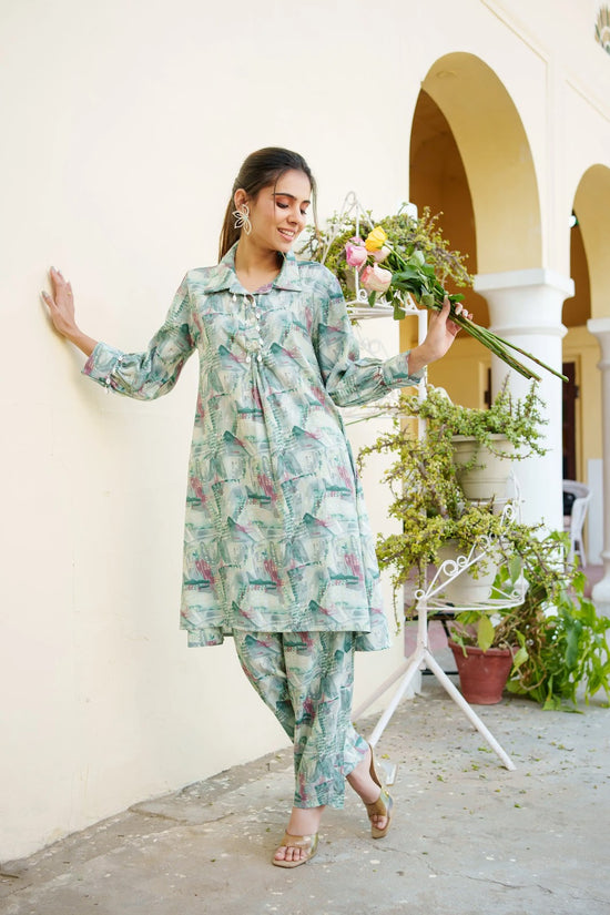 Vaasva Women Mint Muslin Printed Shirt & Pant Set