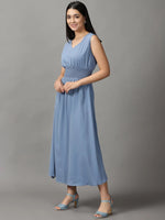 Women's Blue Solid A-Line Dress-AE-15649-Blue