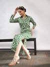 Women Green Satin Geometrical Shirt With Ruched Skirt