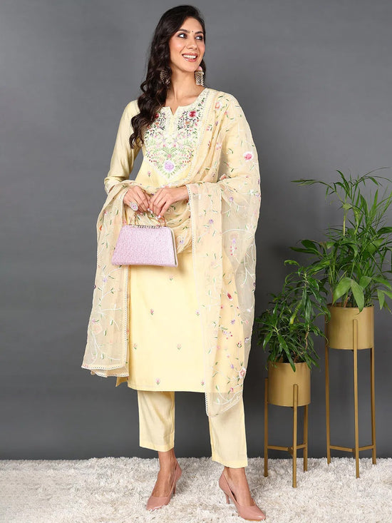 Ahika Women Yellow Silk Blend Solid Embroidered Kurta Trouser With Dupatta-PKSKD2011_XS