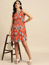 Box Pleated Mini Dress in Red Ikkat Print