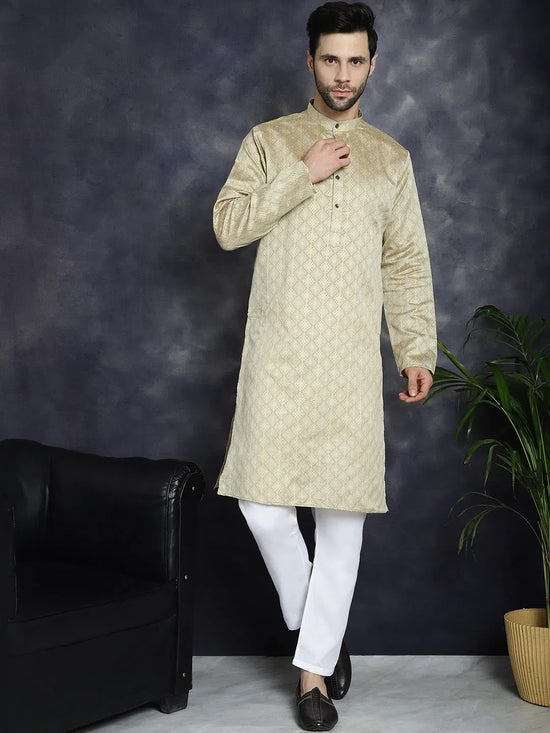 Beige Woven Design Kurta with Pyjama-JOKP-P-5034Beige