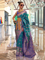 Saree Mall Women's  Blend Teal Blue Woven Design Designer Saree With Blouse Piece-KALKA303002