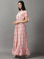 Women's Pink Floral Fit and Flare Dress-KG-5000-Peach