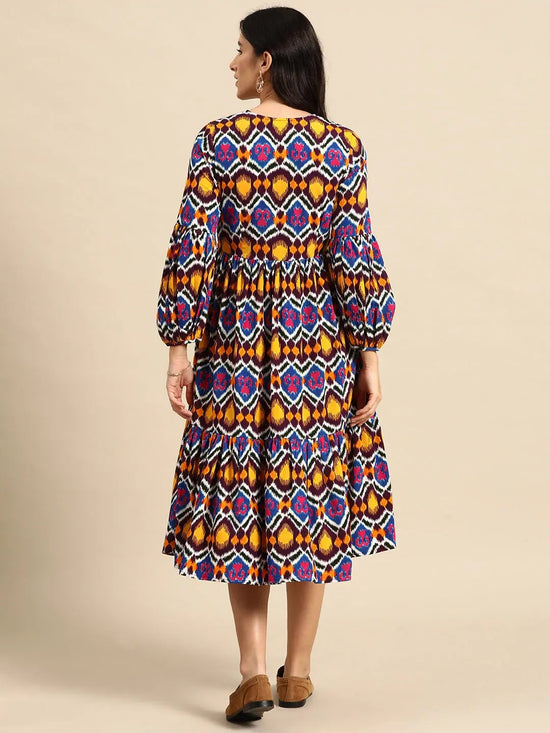 Midi Layered dress with balloon sleeve in Multi color ikkat Print