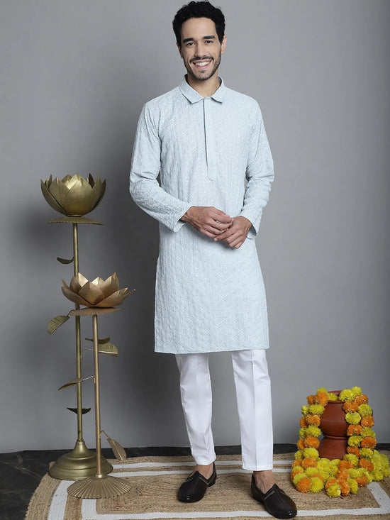 Men's Chikankari Embroidered and Sequence Kurta with Pyjama.-JOKP-P-5011Light-Grey