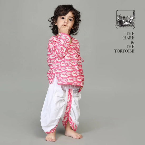 Cotton Angarakha & Dhoti Set for Boys with Hare & Tortoise Story Print