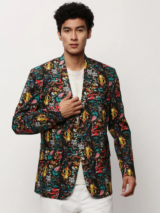 Men Black Printed Casual Blazers-SOBLZ-080-12-Black