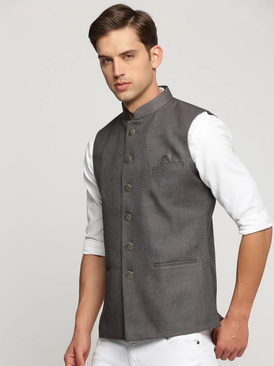 Men Grey Mandarin Collar Solid Nehru Jacket-AK-51340-19-Grey