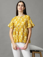 Women's Mustard Printed Peplum Top-SKF-087-3-Mustard