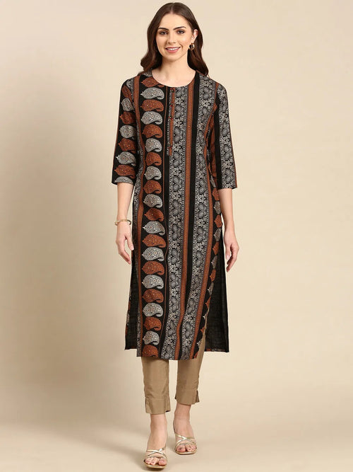 Women's Black Printed Straight Kurta-GW-3482-Black