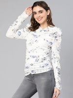 Sweet Ivory Colored Floral Print Garthered Pleated Women Top